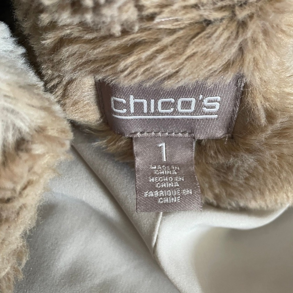 Chicos Faux Fur Vest Tan Beige Open Front Collared Plush Fall Autumn Classy Sz 1 - Picture 2 of 9